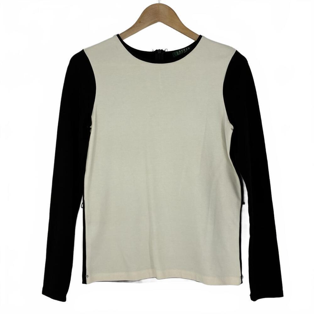 Lauren Ralph Lauren Wms Colorblock Cream Black LS Top Sz Small